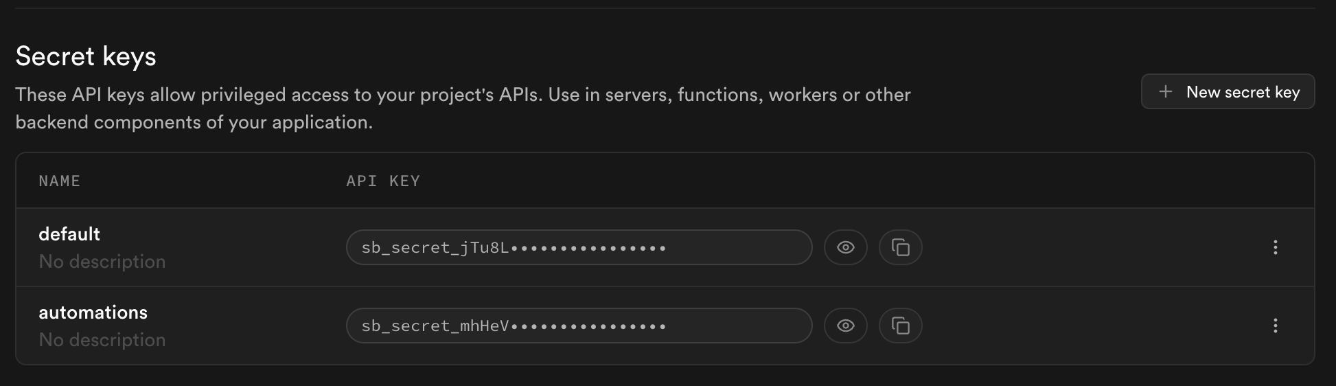 The Secret keys section of the Supabase Dashboard. A table with Name and API key columns lists two keys, "default" and "automations". Each row shows a masked sb_secret_ value with reveal and copy buttons.